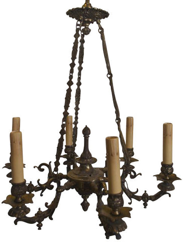 Six Light Antique Cast Brass Chandelier