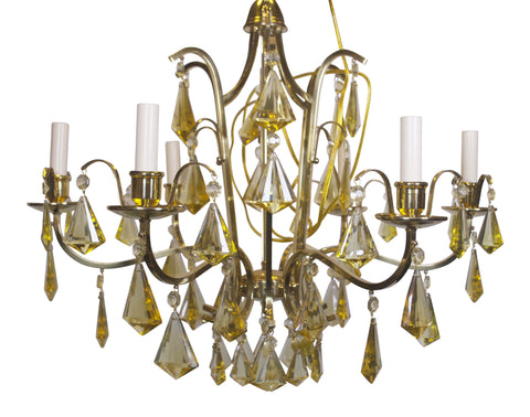 Swedish Brass Chandelier with Yellow Crystals