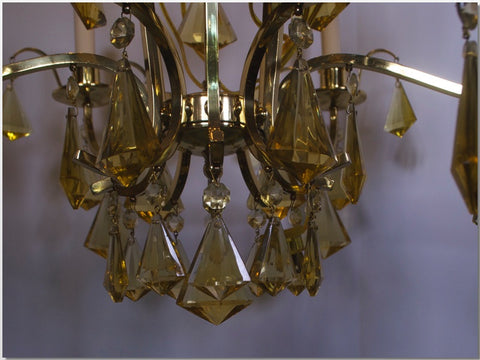 Swedish Brass Chandelier with Yellow Crystals